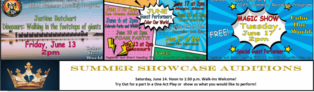 Summer Reading at the Library. June 13 at 2 pm is Justine Butchart presentation called Dinosaurs: walking in the footsteps of Giants. June 10 is a foam party at 2 p.m. June 17 is a magic show at 2 p.m. Auditions for the summer play (one acts or individual performances, 12-1:30 p.m. June 14.